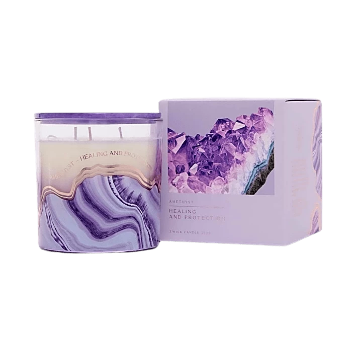 Jasmine & Palo Santo Amethyst Protection 3 Wick Candle 35hr Healing Stones